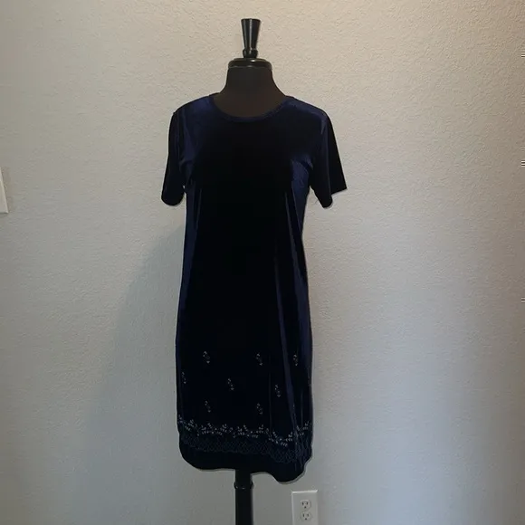 SWAT Velvet Blue Shift Dress with Blue Floral Beaded Embroidery Vintage 90s Size 18 - Image 2
