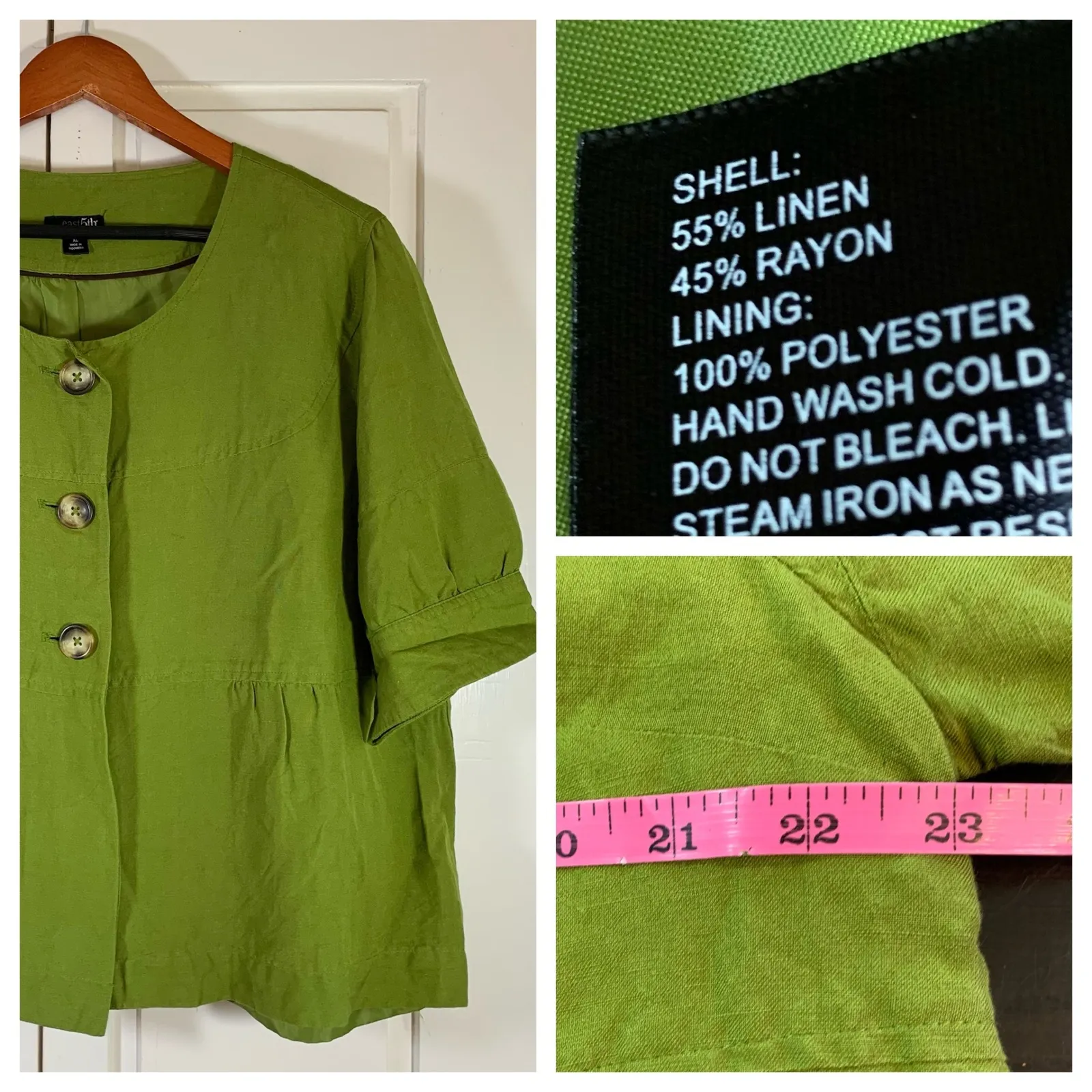 East 5th Green Linen Blend Peplum Blouse XL Button Front Short Sleeve‎ Cottage - Image 12