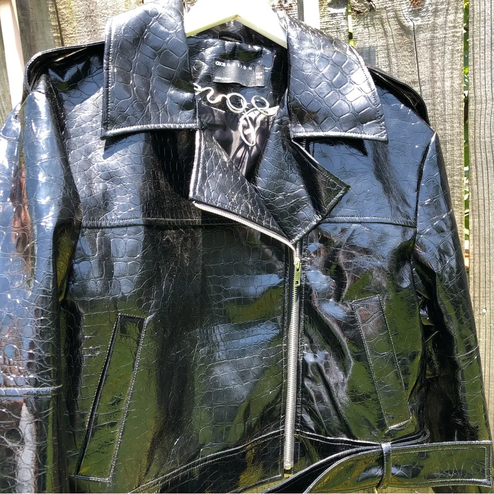 Asos Black Patent Leather Embossed Jacket Moto Style 12 - Image 2