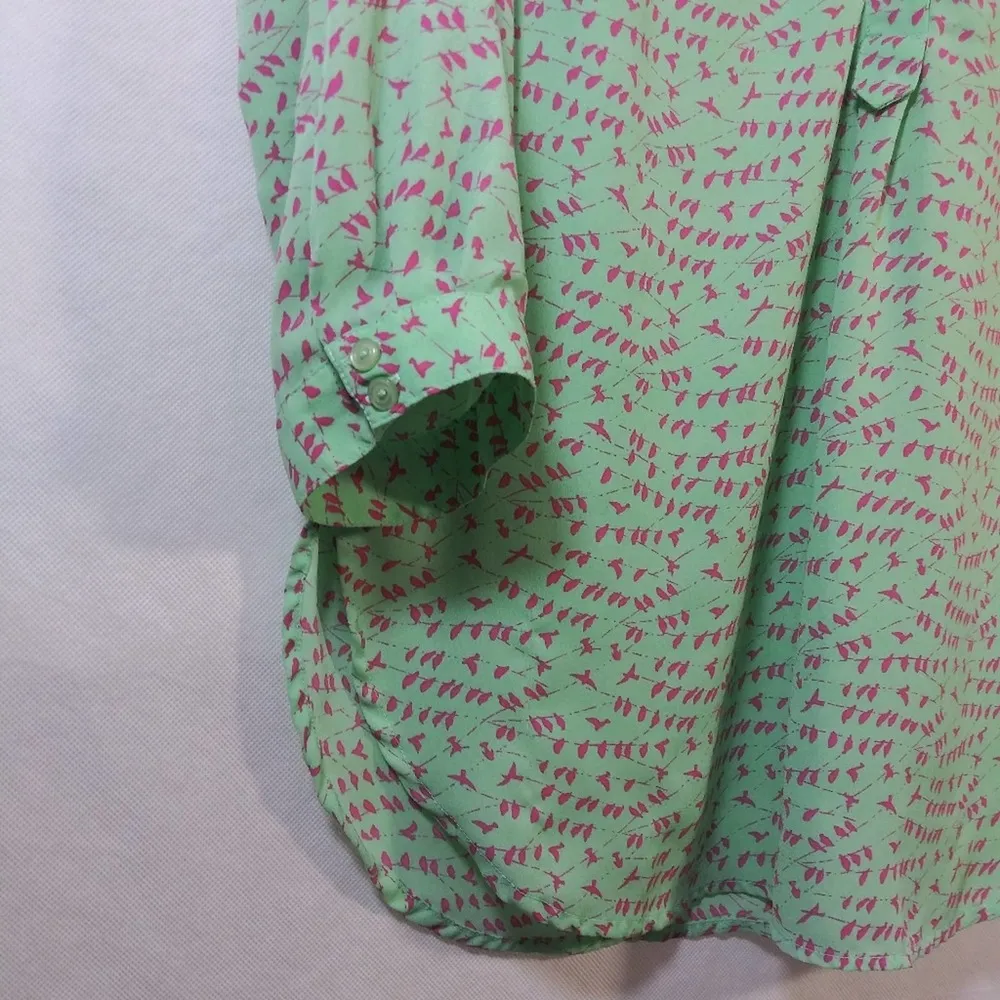 Pixley Mint Green Pink Birds Roll Tab Sleeve Blouse Top Size M Size M - Image 3