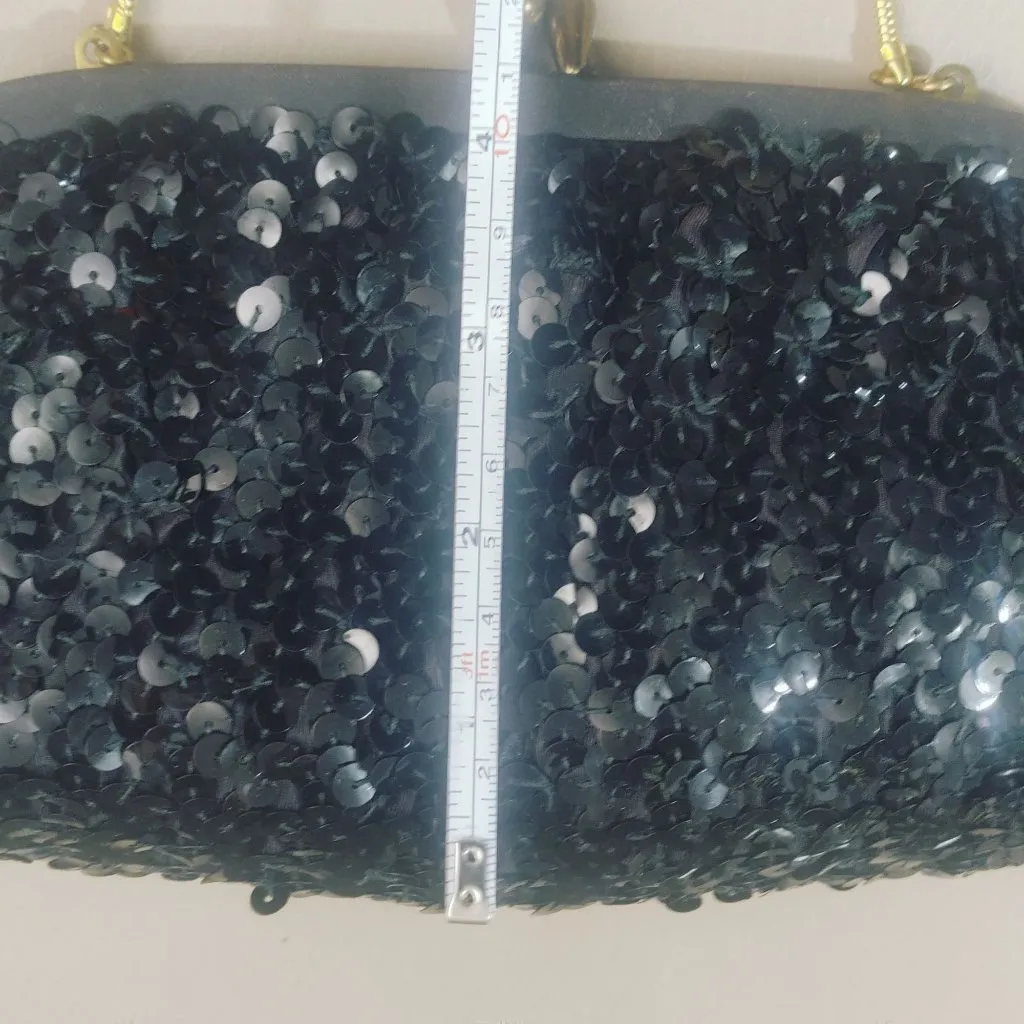 Small Black Sequin Evening Clutch Bag Kisslock Satin Spandex Gloves Set Vintage - Image 4