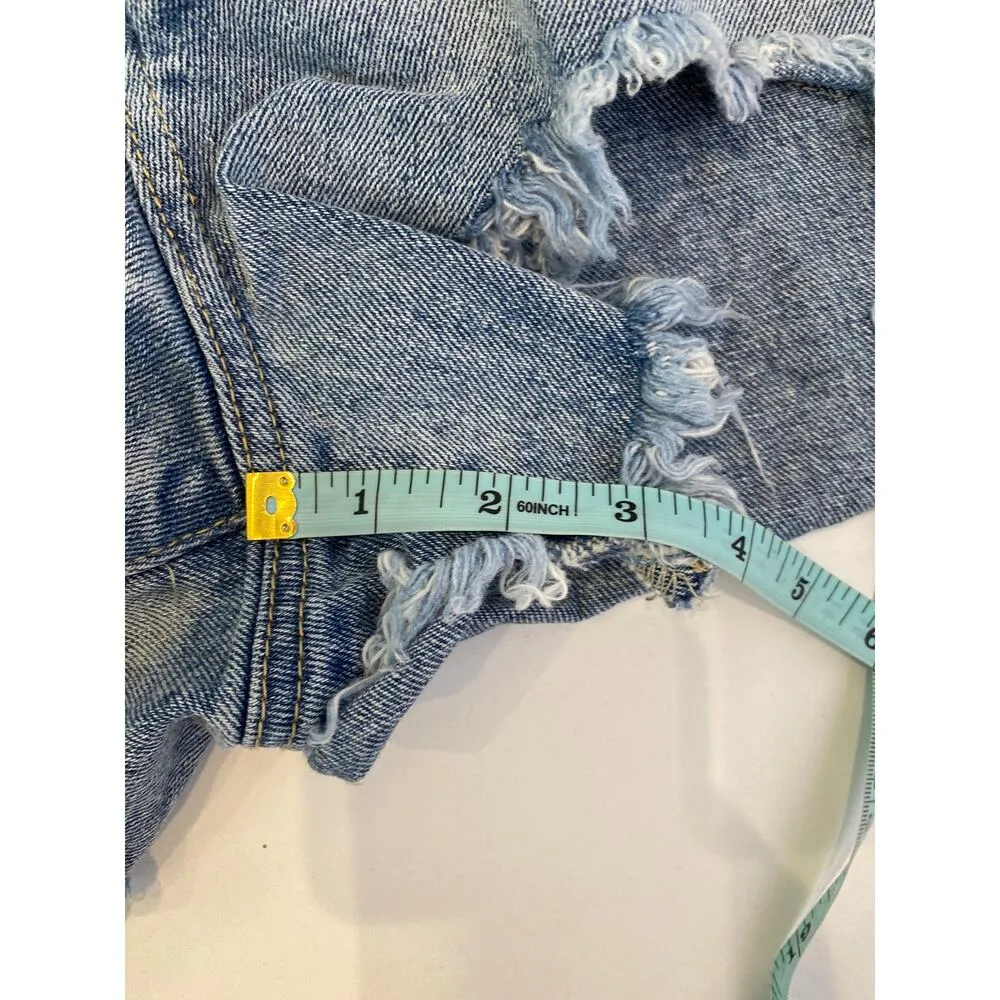 MINKPINK Blue Denim Jeans Shorts Uneven Raw Hem High Rise EUC Sz M Cotton - Image 11