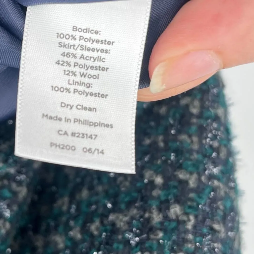 TALBOTS Tweed Dress Sz 16P Blue Green Dark Academia Mixed Media Metallic Preppy - Image 11