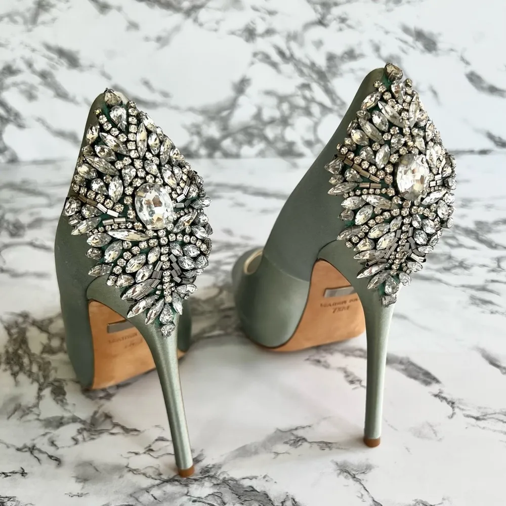 Badgley Mischka Kiara Heels Mint Green Crystal Satin Platform Pumps 7 Stilettos - Image 6
