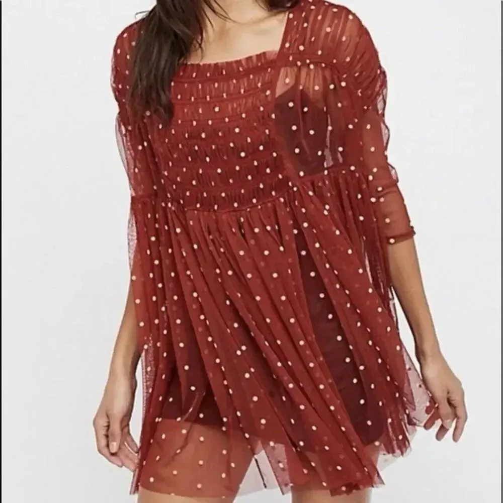 Free People Saya Polka Dot Sheer Mesh Tulle Baby Doll Tunic Top XS - Image 4