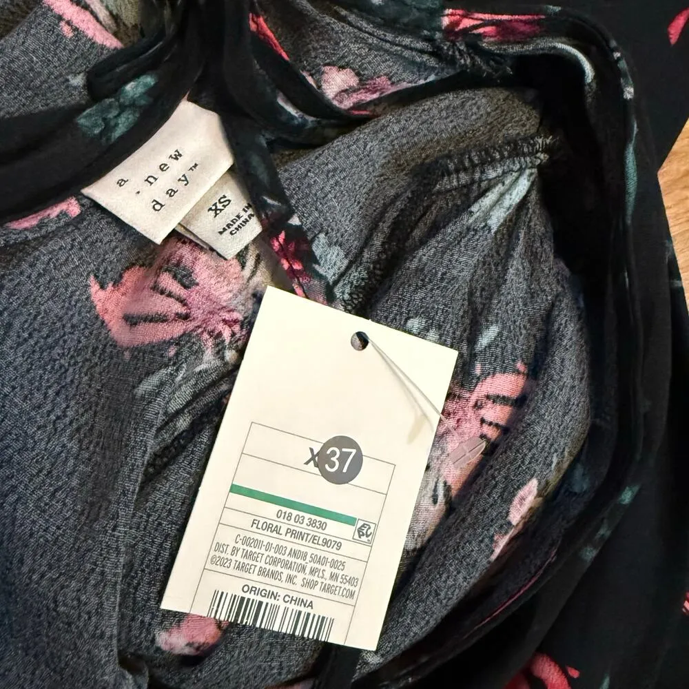 A New Day Womens XS Black Pink Floral Print V-neck Long Sleeve Midi Dress Spring - Image 10