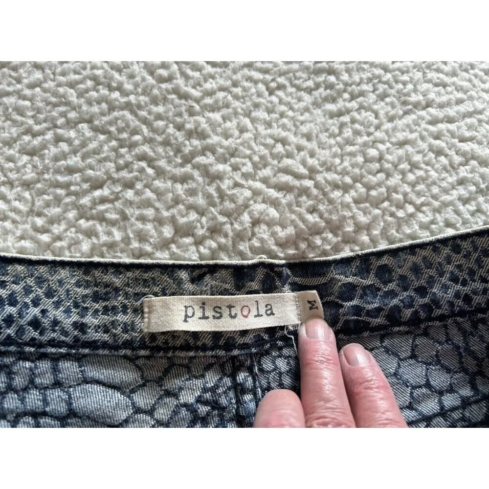 Pistola High Waist Raw Hem Croc Skin Pattern Blue Denim Shorts Size M - Image 3