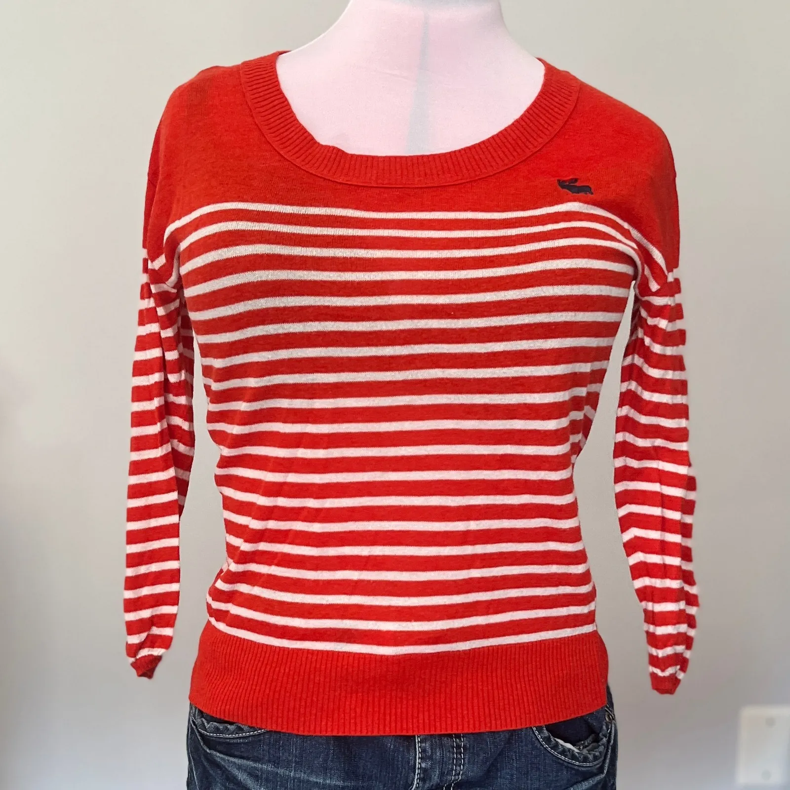Abercrombie | 3/4 Sleeve Orange White Stripe Lightweight Sweater Shirt | Size M - Image 2