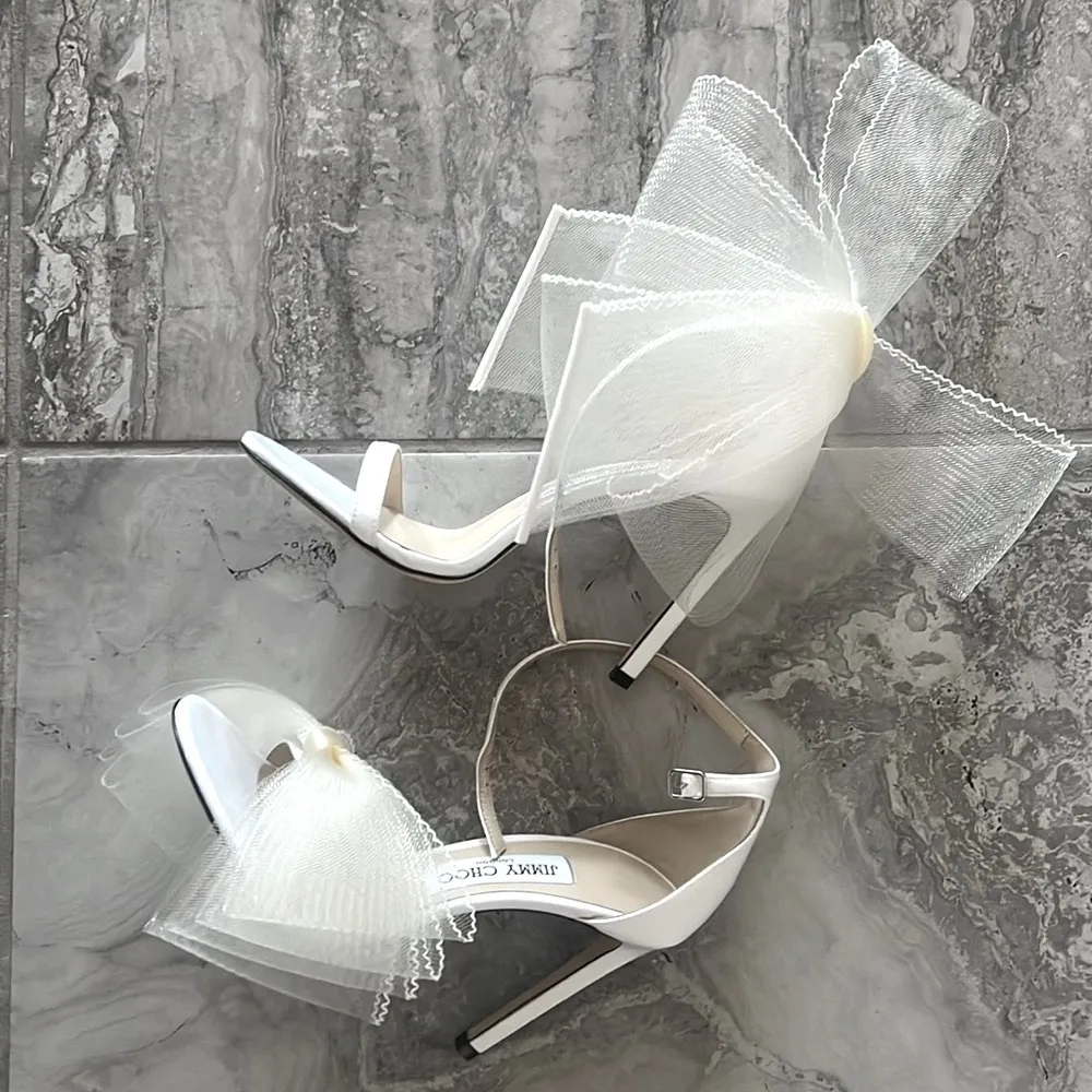 Jimmy Choo Aveline 100 Sandals w/Asymmetric Grosgrain Mesh Fascinator Bows NEW - Image 11
