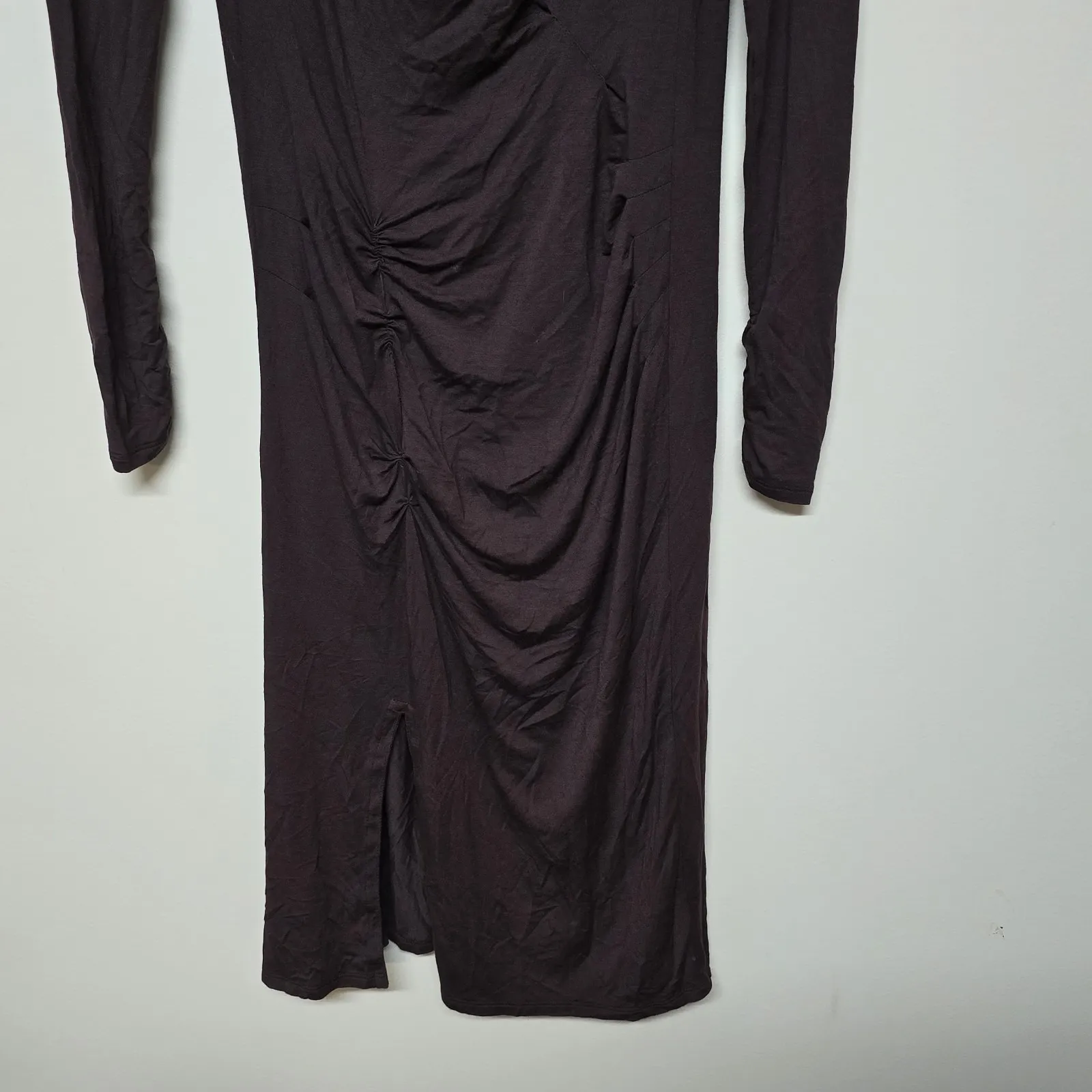 Peruvian Connection D'Orsay Dress Small Brown Long Sleeve Ruched Cowl Neck Midi - Image 4