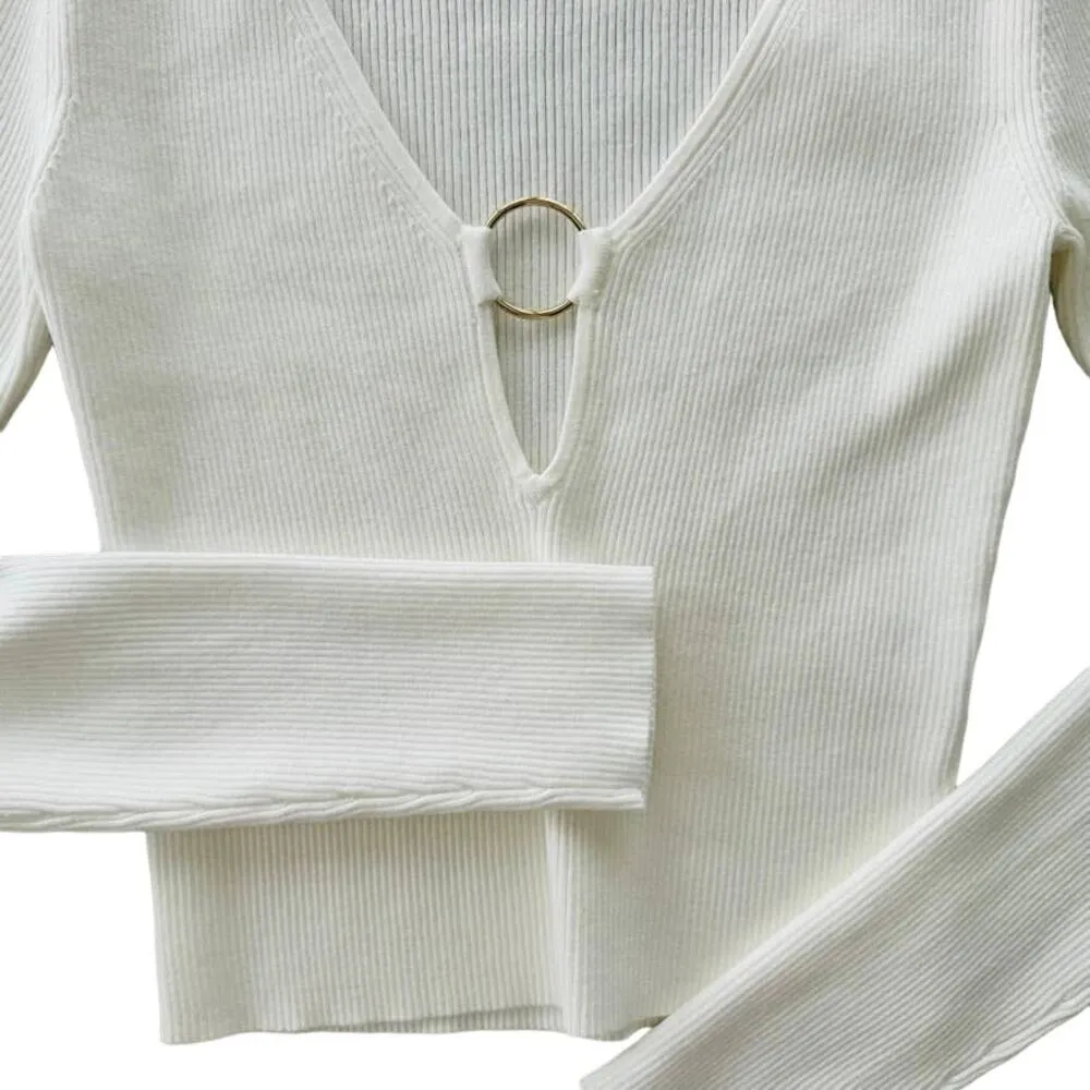 Intermix Private Label Henrietta Ring Ribbed Top Cream Size Small NEW - Image 4