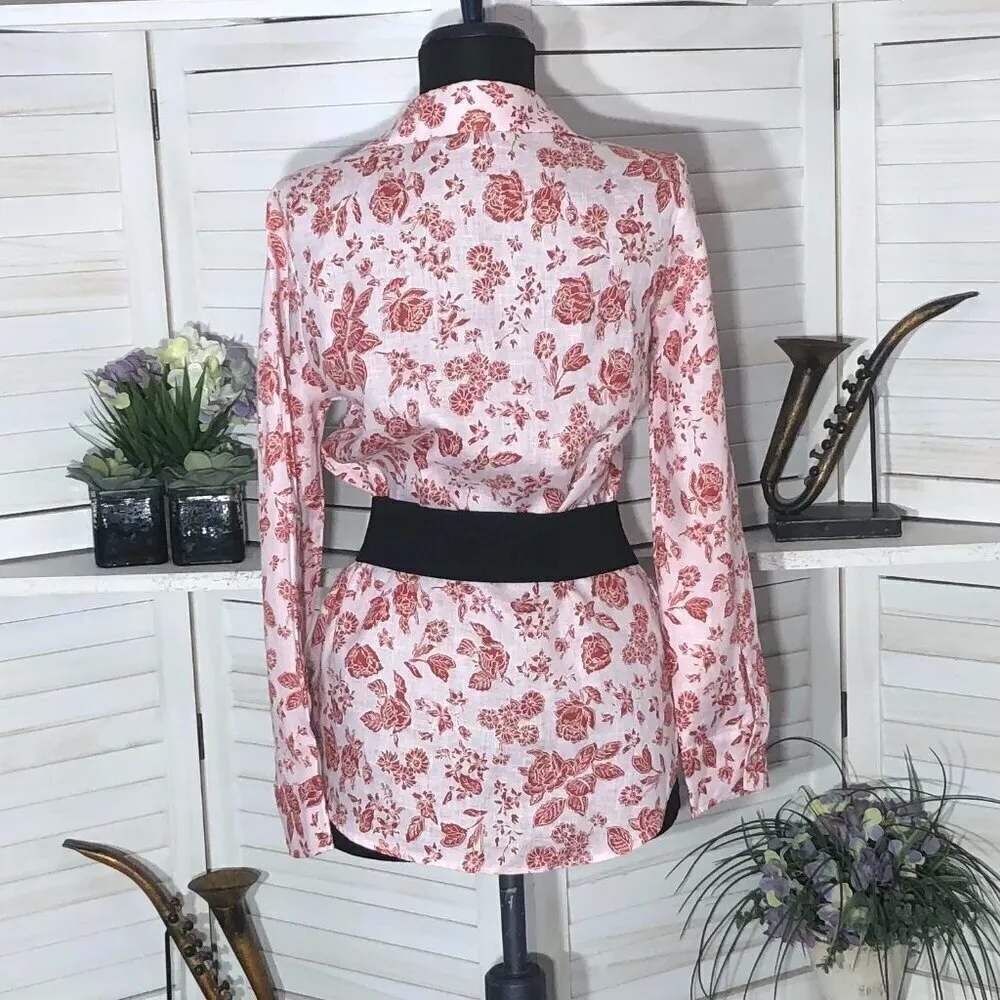 Zara Red Roses Floral Linen Shirt Light Pink XS - Image 5