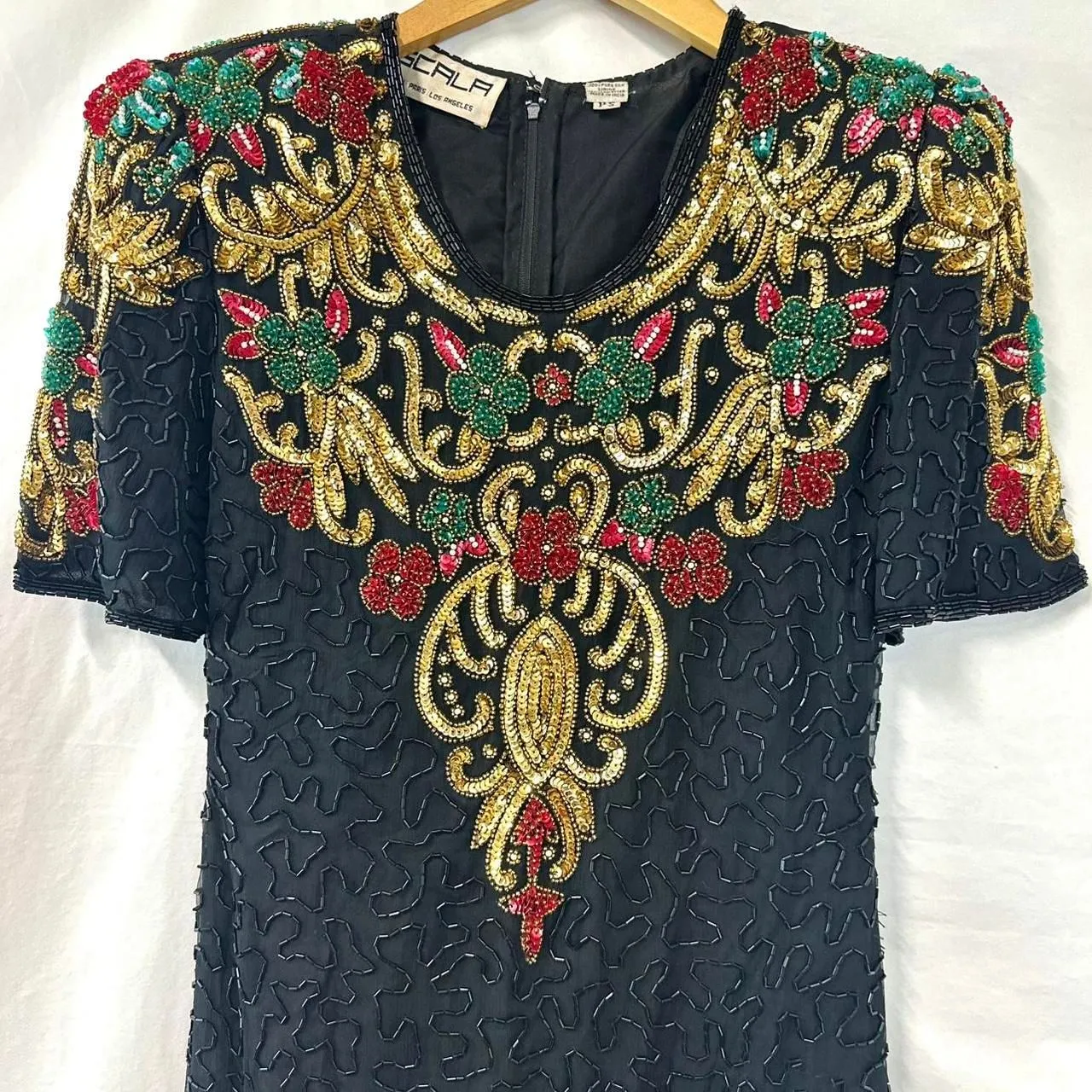 SCALA Vintage 100% Silk Floral Beaded Dress Black Womens PS Costume Dolly Parton - Image 2