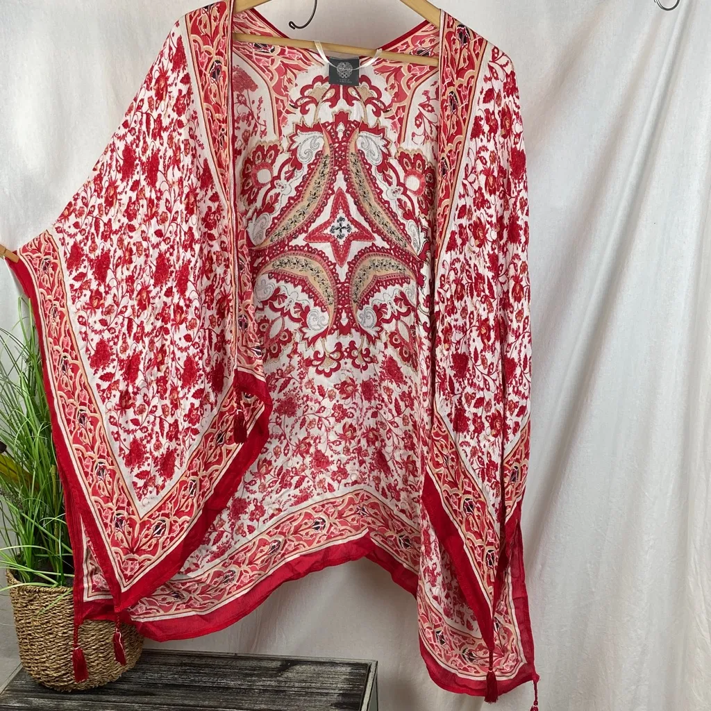 Vince Camuto Red & White Print Open Front Drape Blouse Top OS - Image 5