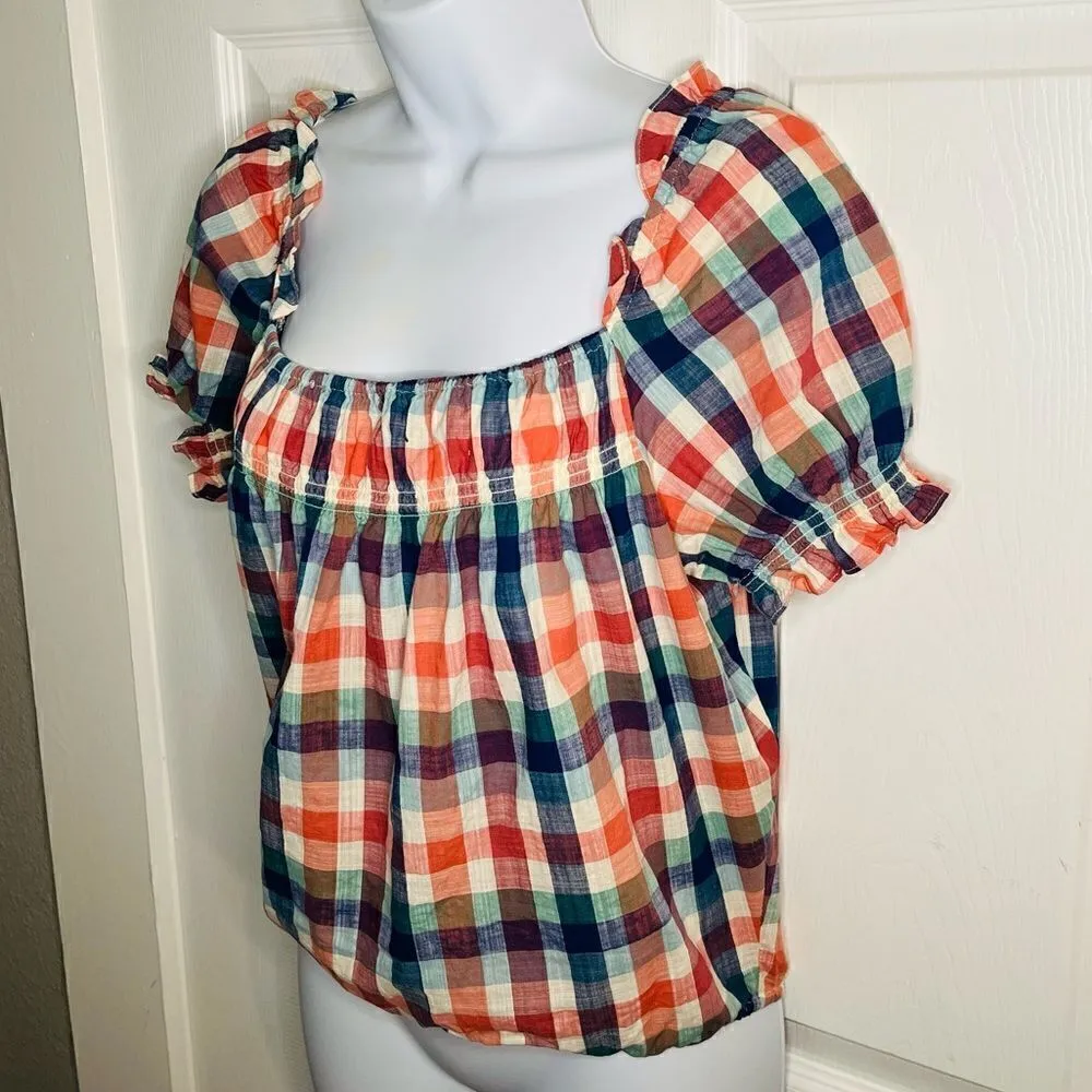 Modcloth Smocked Cotton Crop Top Summer Madras Plaid Checkered Orange Blue S - Image 6