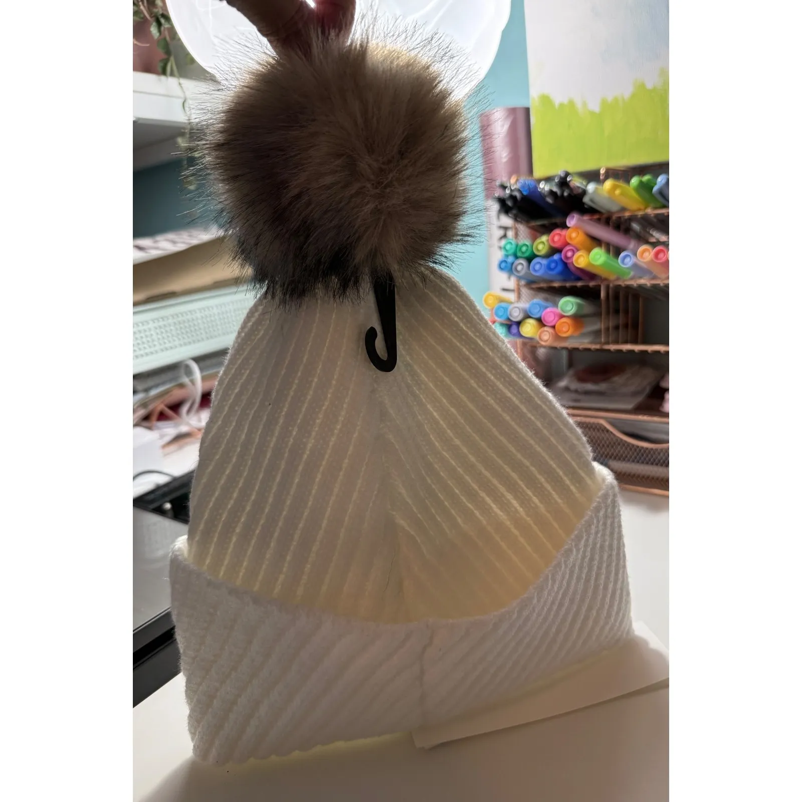 Calvin Klein Cream Faux Fur Pom Beanie | Ribbed Knit | NWT | Snow Bunny | Winter - Image 3