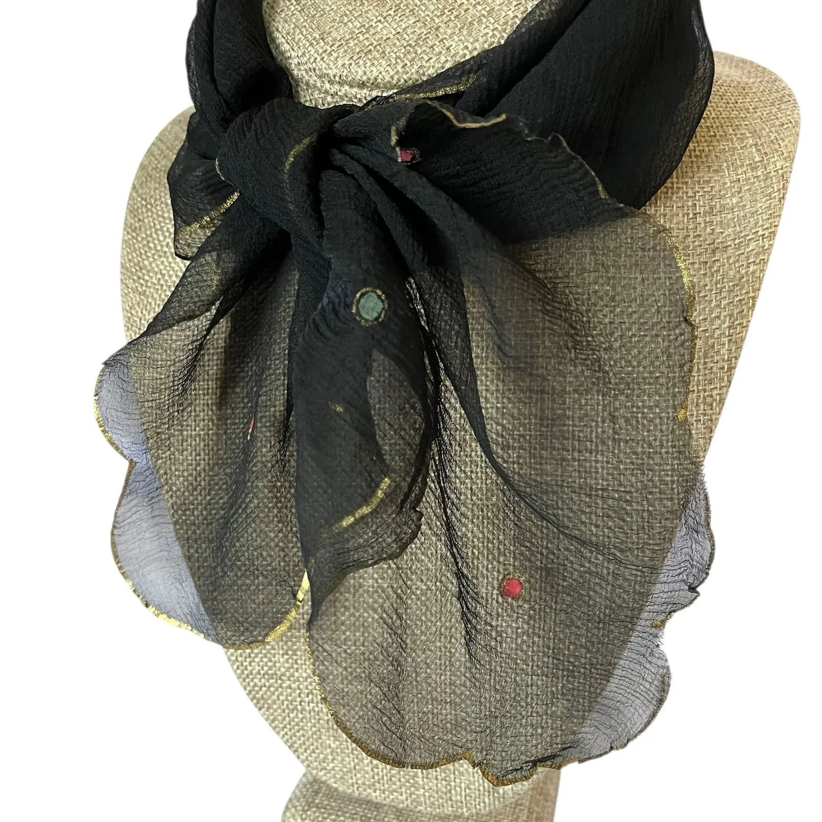 Vintage Art Deco Gilded Black Silk Chiffon Scalloped Polka - Image 2