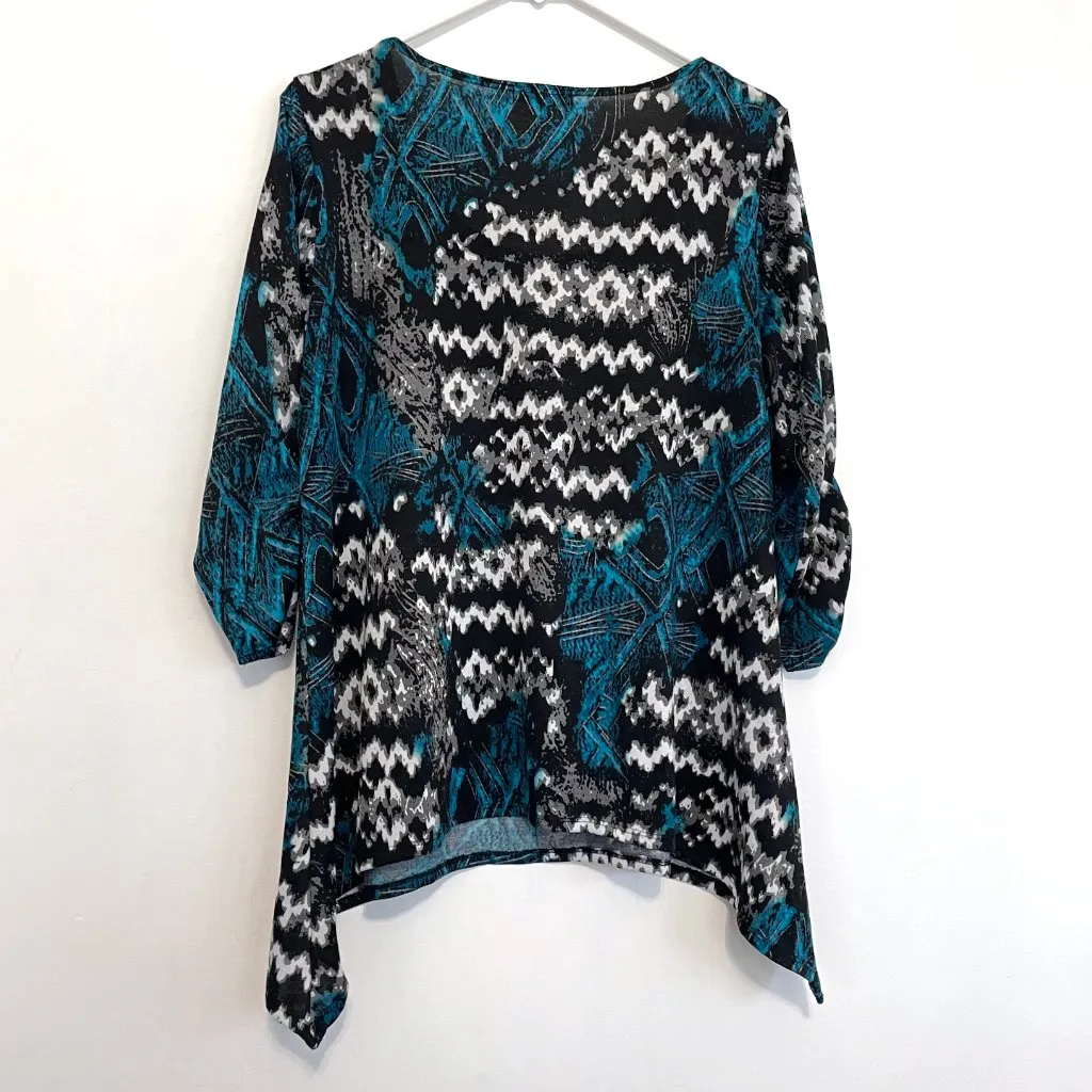 NOTATIONS Plus Size Black White Teal Blue Ikat Geometric Boho 3/4 Sleeve Tunic - Image 13