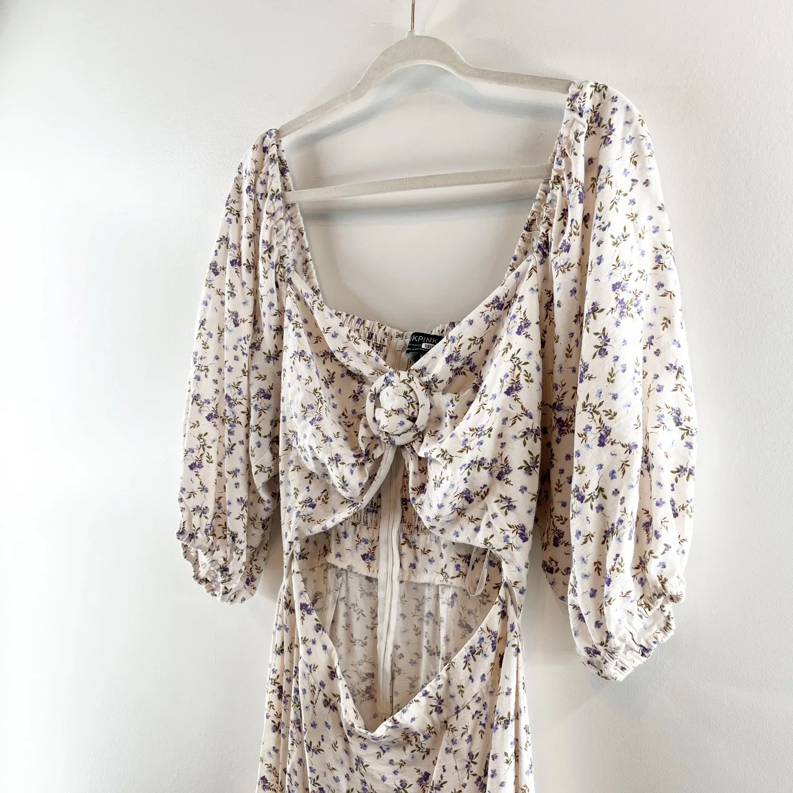 MINKPINK Hailey Floral Puff Sleeve Cutout Midi Dress White Purple XL - Image 9