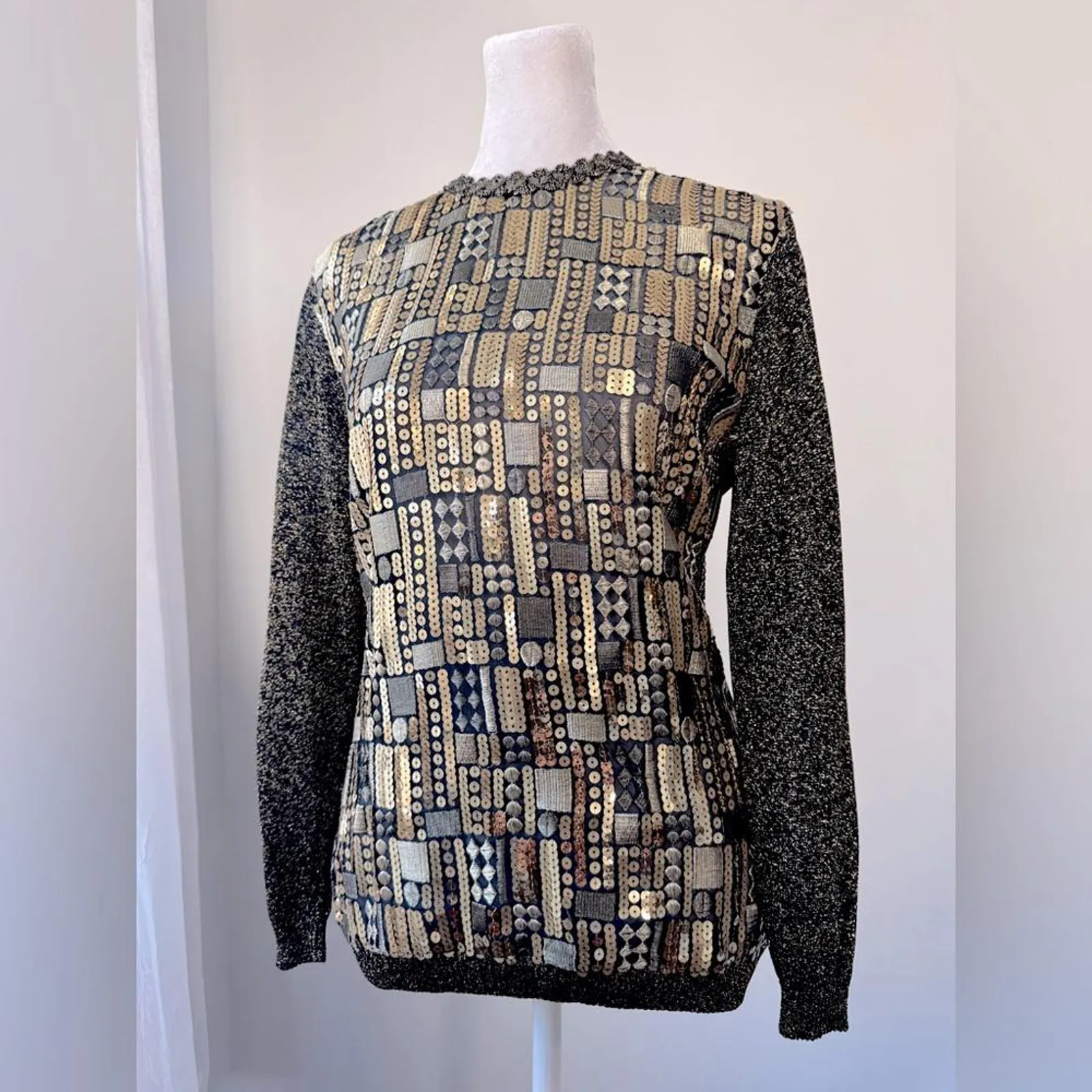 Giusi Slaviero Black & Gold Sequined Evening Sweater Made in Italy Size XS - Image 2