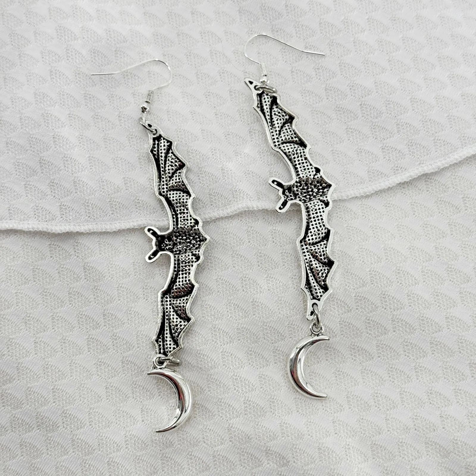 Extra Long Celestial Bat Dangle Earrings, Antique Silver, Gothic Earrings Silver - Image 2