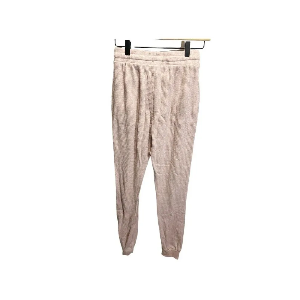 Jogger Pants Women XS Waffle Knit Drawstring Pocket Thermal Pink - Image 3