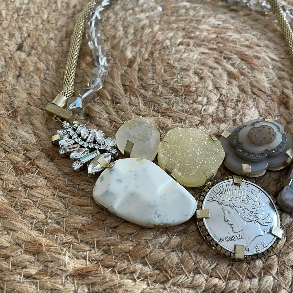 John Wind Neutral Chunky Statement Necklace Druzy Stone Coin Chain Gold - Image 3