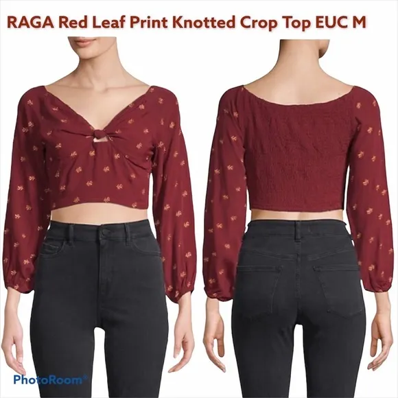 UO RAGA Red Leaf Print Knotted Crop Top $97 EUC M - Image 2