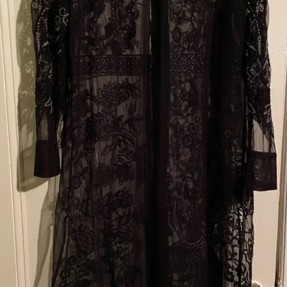 Zara Black Sheer Embroidered Button Jacket Duster Coverup Coat Robe -M - Image 6
