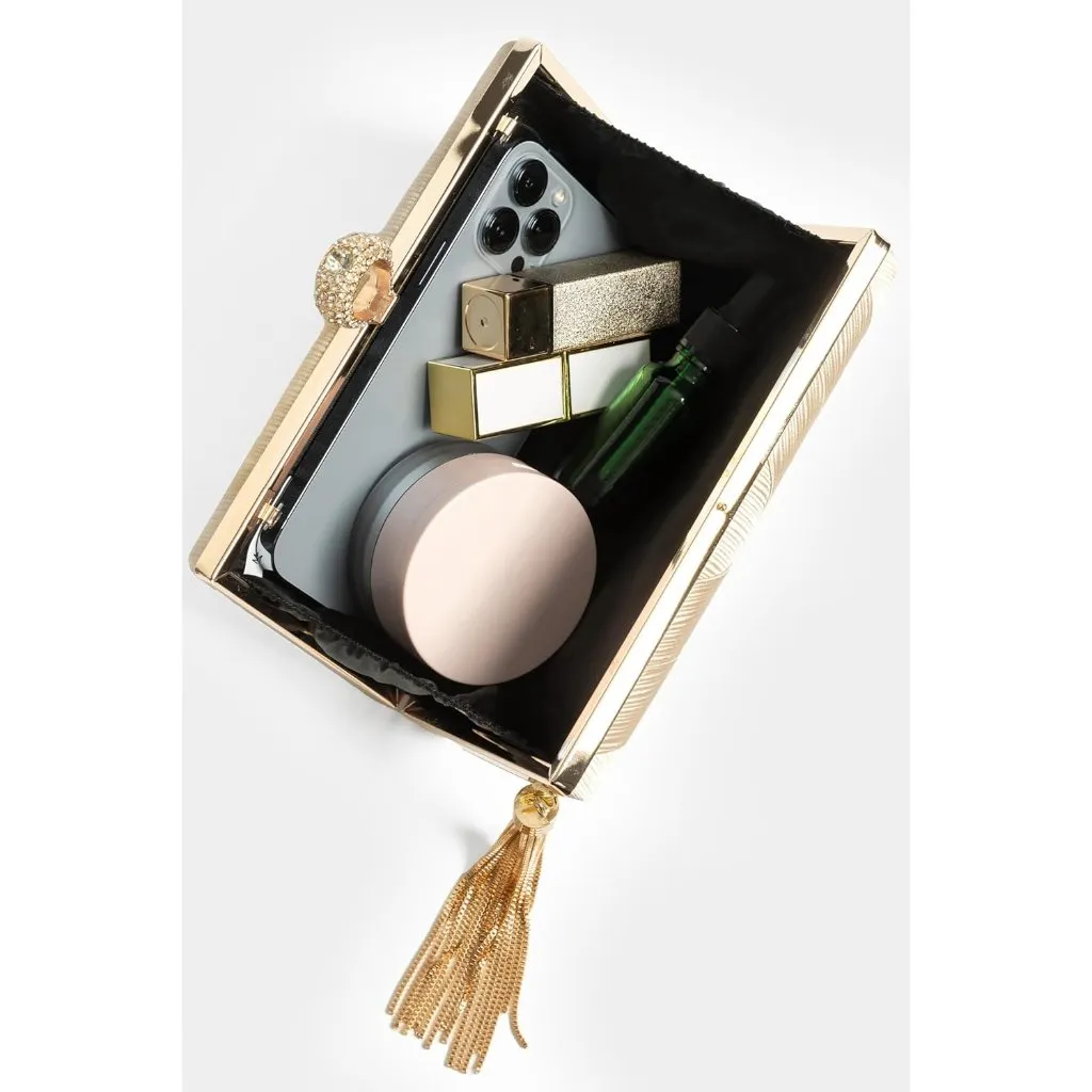 ⚡ Women's Tan Tassel Pendant Rhinestones Cross Strap Formal Party Clutch Bag - Image 6