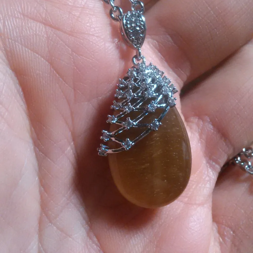 Netted Tiger's Eye and White Zircon Silvertone Pendant Stainless Steel Necklace - Image 10