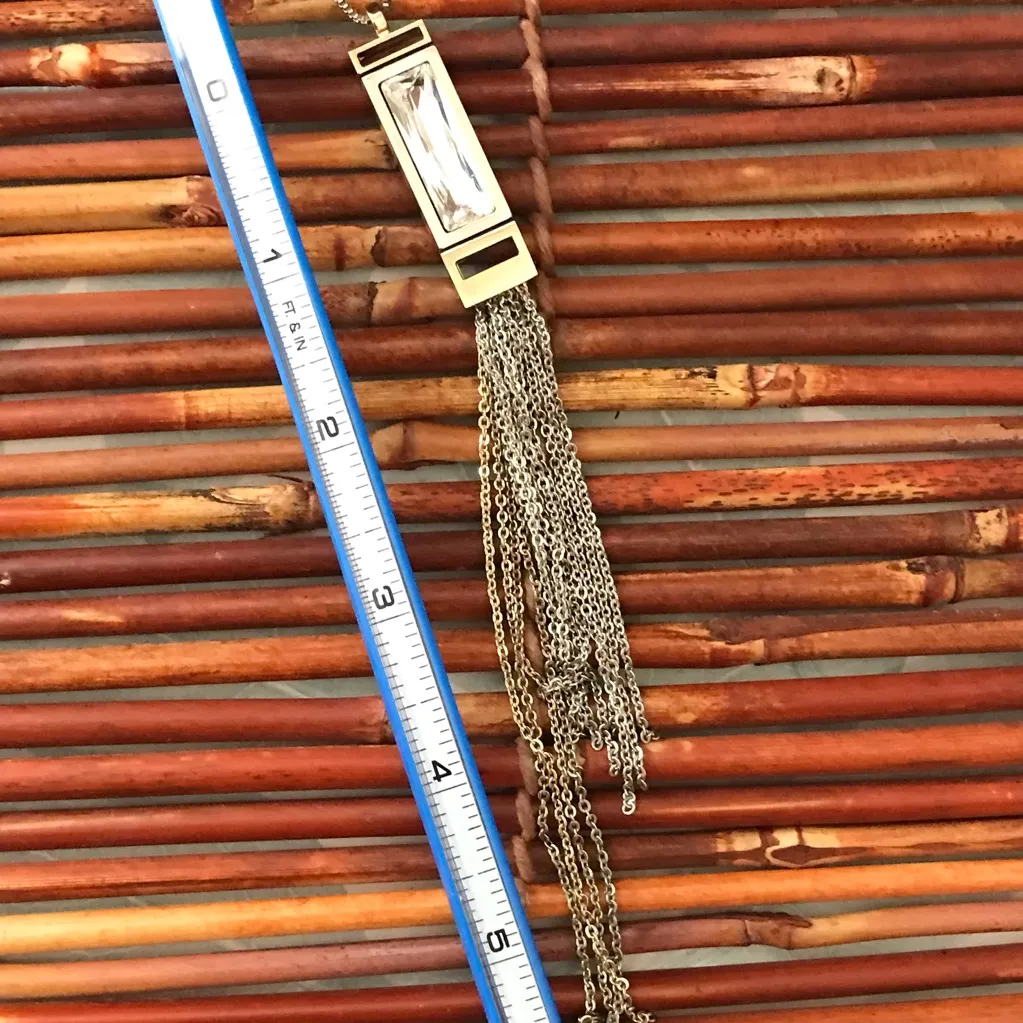 White House Black Market SIlver & Gold Tone Crytal Tassel Necklace - Image 8