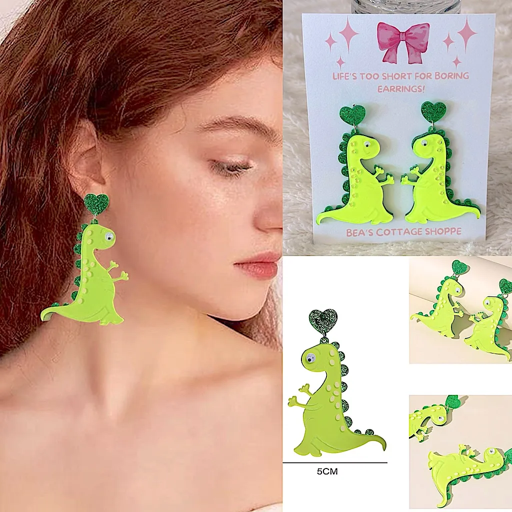 GREEN DINOSAUR EARRINGS - Image 2