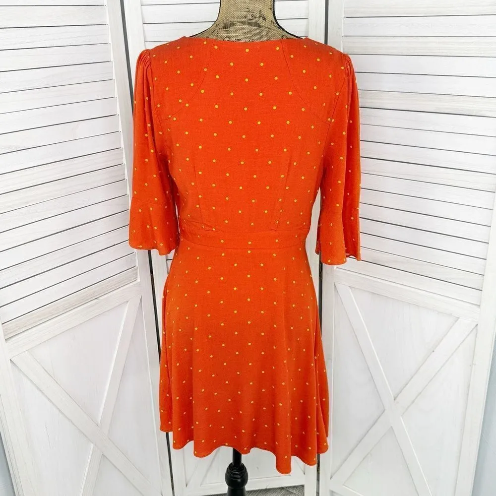 Free People All Yours Polkadot‎ Flounce Sleeve Mini Dress Orange V Neck 4 - Image 6