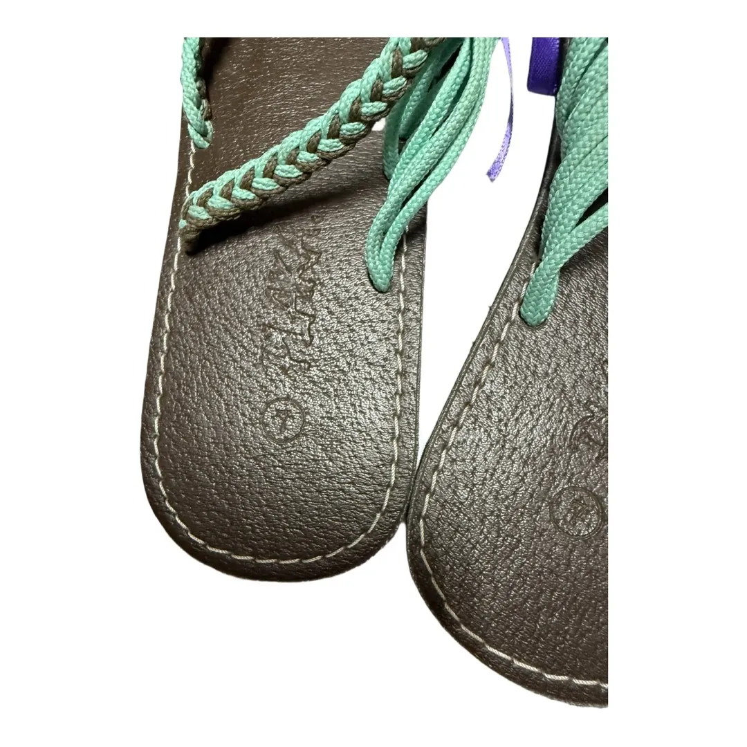 Plaka Palm Ocean Side Brown Teal Woven Sandals Women's Size 7 Flats - Image 6