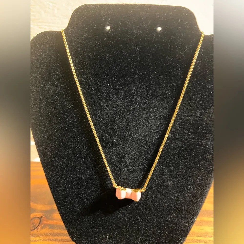 Kate Spade Pink and Gold Bow Necklace gold tone with pink enamel bow feminine - Image 2