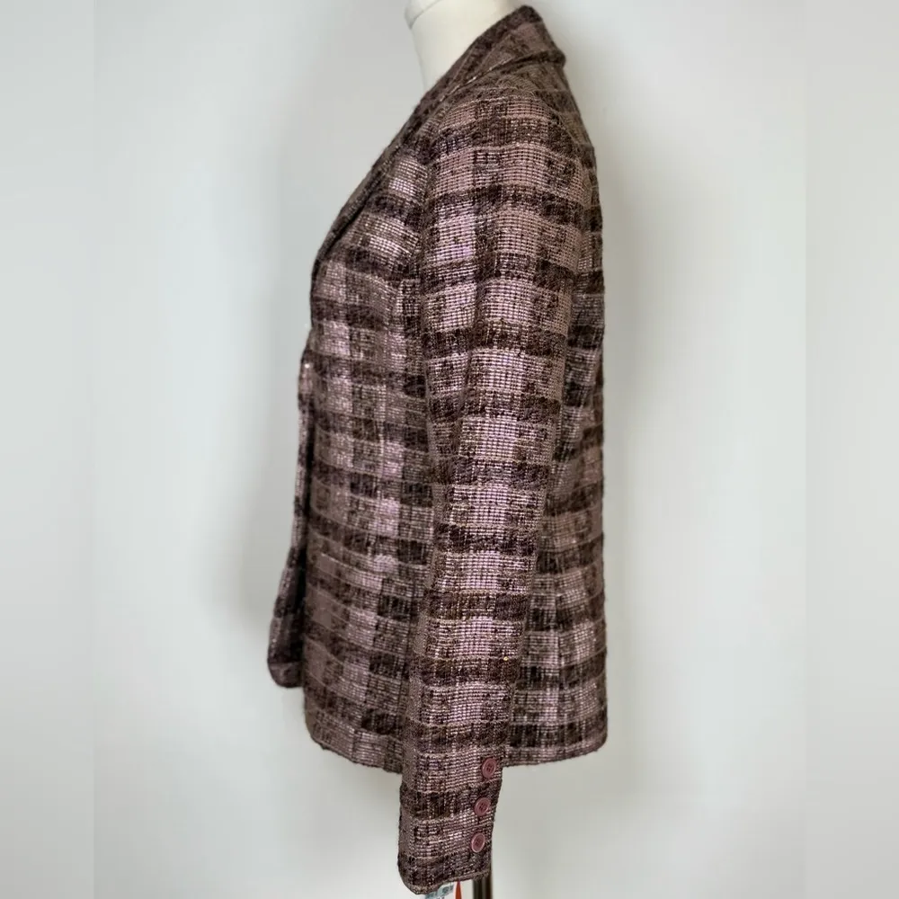 Votre Nom Wool Blend Plaid Tweed Blazer Plum Pink Sparkle Women’s Size 6 - Image 3