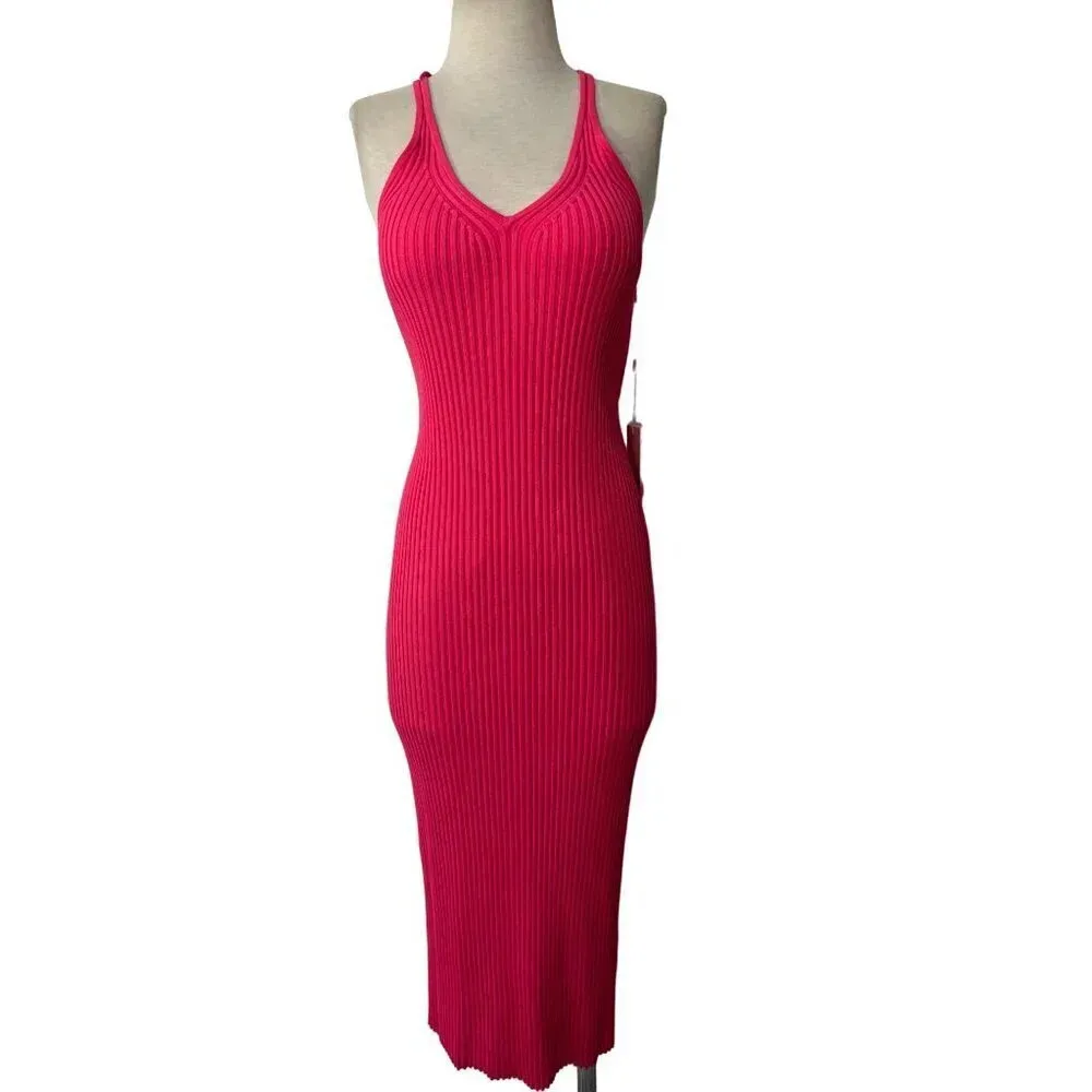 HELMUT LANG Rib Midi knit Dress in Rose Large New Womens Bodycon - Image 4