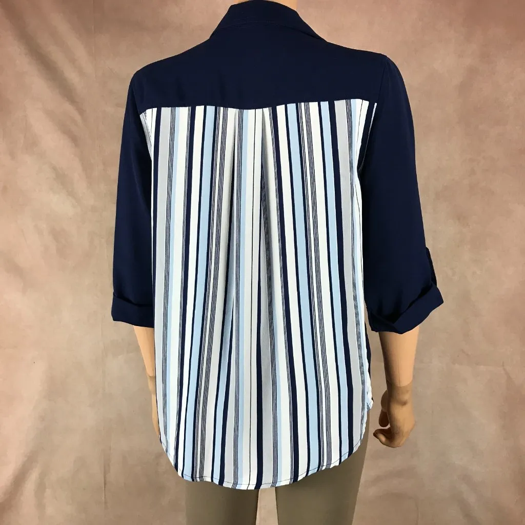 GILLI Blue Contrast Print Wear to Work Button Down Blouse SMALL - Image 5