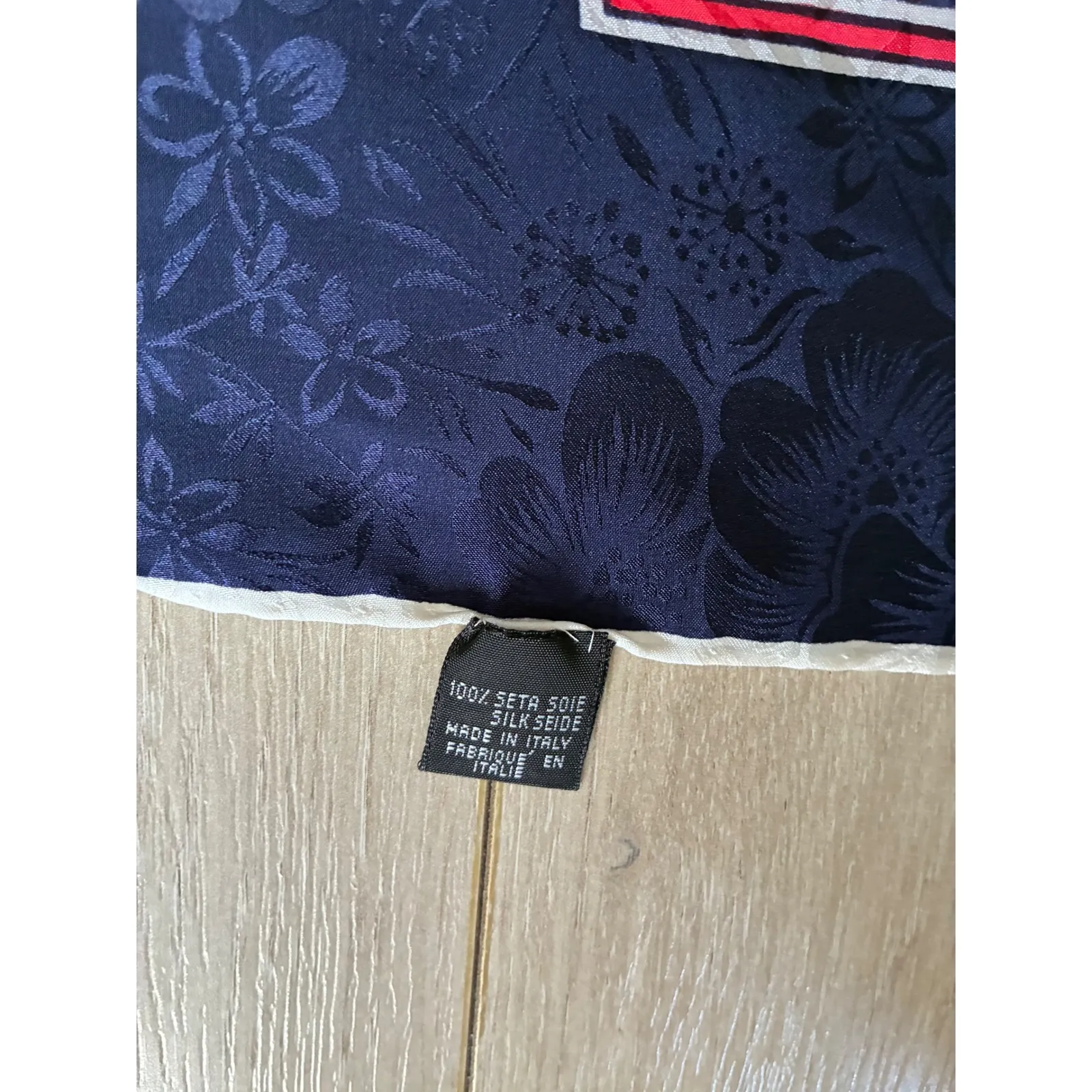 Vintage 100% Silk Scarf Italy Floral Jacquard Navy Blue Red Square Foulard - Image 5