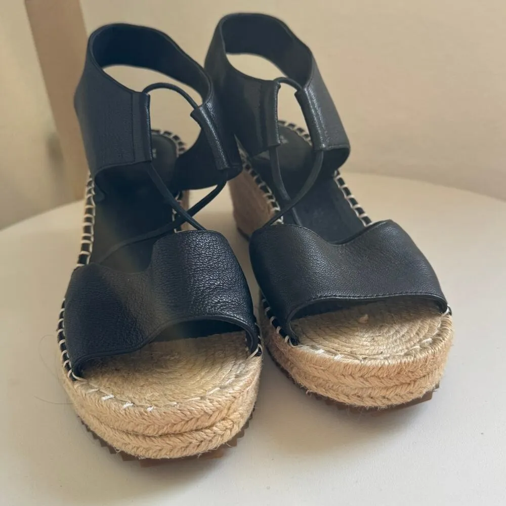 NWOT Eileen Fisher Black Leather Agnes Espadrille Wedge Sandal Women's Size 9 - Image 3