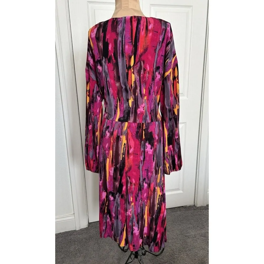 London Times Twisted Front 3/4 Sleeve A-Line Dress Berry Multi Print Size 16 - Image 9