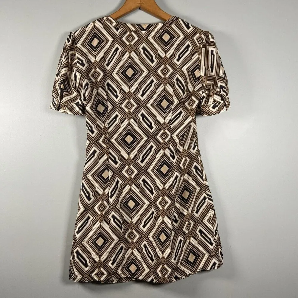 Geometric Print Dress Short‎ Sleeve V Neck Brown Black White Mini Retro Preppy Size XS - Image 4