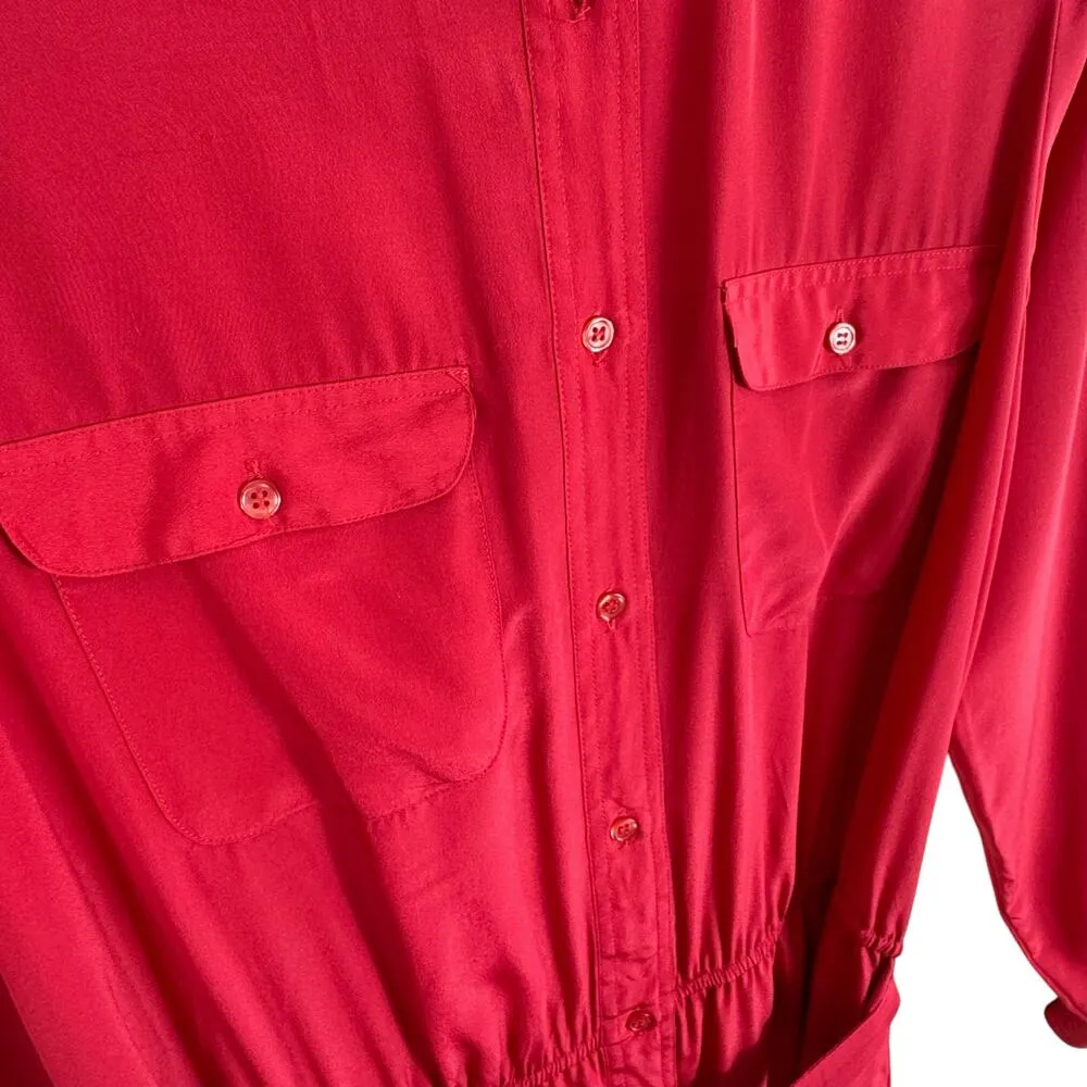 The Shapely Dress Co. Vtg Red Long Sleeve Belted Button Up Knee Length Dress 10 - Image 4