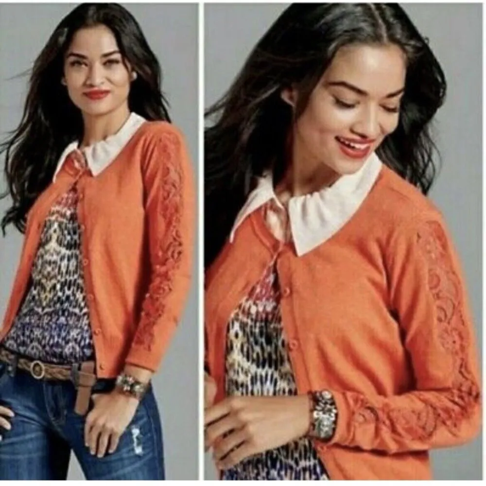 Cabi #3123 Womens Orange Lace Cut Out Sleeve Button Up Cardigan Sweater Size XS - Image 2