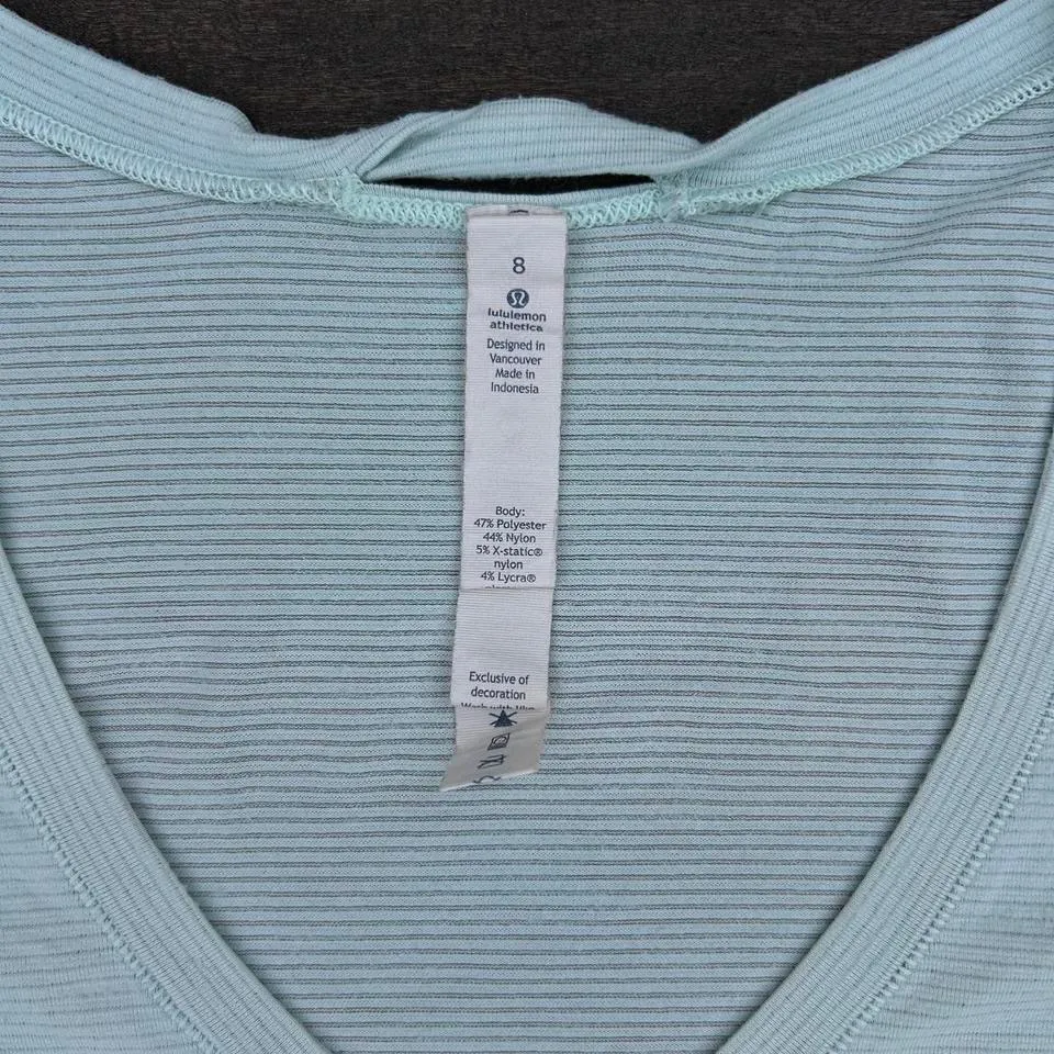 Lululemon Light Green  Striped Mesh V-Neck Short Sleeve Shirt - Image 3