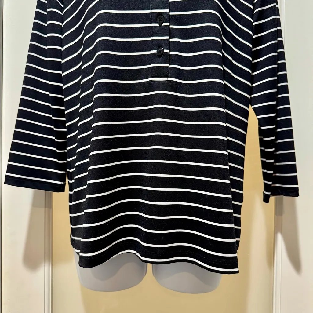 Lands’ End Black & White Stripe 3/4 Sleeve Top M | Half Button Front Stretch Size M - Image 4