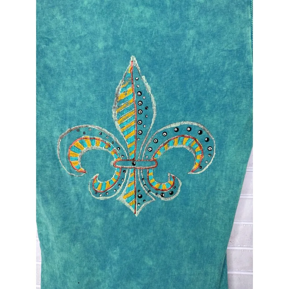 T Party Fleur de Lis Ribbed Shirt Women’s Medium Rhinestones Peekaboo Back Blue - Image 6