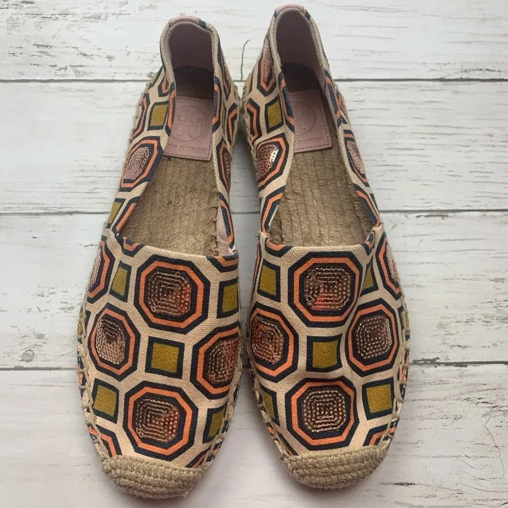 Tory Burch Cecily Sequin Embellished Espadrille 6 Flats Slip On Shoes Geometric - Image 3