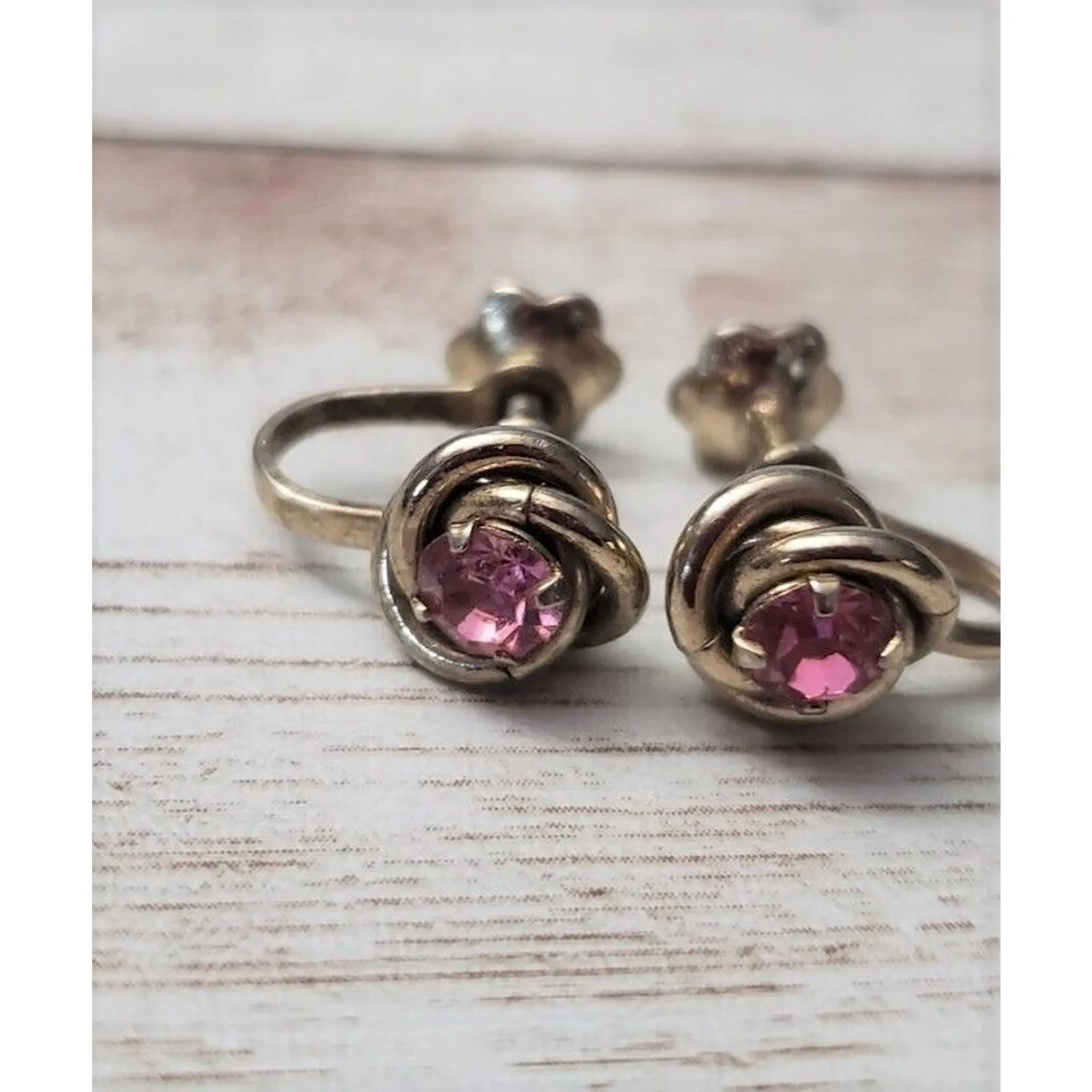 Vintage Screw Back Earrings Dainty Pink Gem with Swirl Halo 3/8" - Image 2